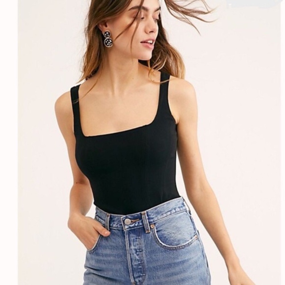Free People Intimately Square Neckline Open Back Tank Top Black Bodysuit